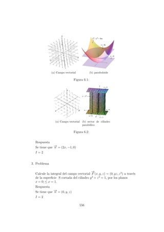 (a) Campo vectorial (b) paraboloide
Figura 6.1:
(a) Campo vectorial (b) sector de cilindro
parab´olico
Figura 6.2:
Respuesta
Se tiene que −→n = (2x, −1, 0)
I = 2
3. Problema
Calcule la integral del campo vectorial
−→
F (x, y, z) = (0, yz, z2
) a trav´es
de la superﬁcie S cortada del cilindro y2
+ z2
= 1, por los planos
x = 0; ≤ x = 1.
Respuesta
Se tiene que −→n = (0, y, z)
I = 2
556
 