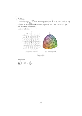 4. Problema
Calcular el ﬂujo
S
−→
F ·nds, del campo vectorial
−→
F = 0, tan z + esin xz
, y2
a trav´es de la superﬁcie S del semi-elipsoide 2x2
+ 3y2
+ z2
= 6, z ≥ 0,
con la normal apuntando
hacia el exterior.
(a) Campo vectorial (b) Semi-elipsoide
Figura 6.3:
Respuesta.
S
−→
F · nds =
3
2
π
559
 
