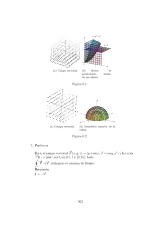 (a) Campo vectorial (b) Sector de
paraboloide, limita-
do por planos
Figura 6.1:
(a) Campo vectorial (b) hemisferio superior de la
esfera
Figura 6.2:
3. Problema
Dado el campo vectorial
−→
F (x, y, z) = (y+sin x, z2
+cos y, x3
) y la curva
−→r (t) = (sin t, cos t, sin 2t); t ∈ [0; 2π]; halle
C
−→
F · d−→r utilizando el teorema de Stokes.
Respuesta
I = −π2
562
 