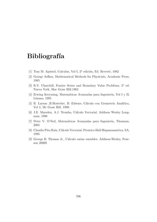 Bibliograf´ıa
[1] Tom M. Ap´ostol, Calculus, Vol I, 2a
edici´on, Ed. Revert´e, 1982
[2] George Arfken, Mathematical Methods for Physicists, Academic Press,
1985
[3] R.V. Churchill, Fourier Series and Boundary Value Problems, 2o
ed.
Nueva York, Mac Graw Hill,1963
[4] Erwing Kreyszing, Matem´aticas Avanzadas para Ingenier´ıa, Vol I y II,
Limusa, 1995
[5] R. Larson ,R.Hostetler, B. Edwars, C´alculo con Geometr´ıa Anal´ıtica,
Vol 2, Mc Graw Hill, 1999.
[6] J.E. Marsden, A.J. Tromba, C´alculo Vectorial, Addison Wesley Long-
man, 1998
[7] Peter V. O’Neil, Matem´aticas Avanzadas para Ingenier´ıa, Thomson,
2005
[8] Claudio Pita Ruiz, C´alculo Vectorial, Prentice-Hall Hispanoam´erica, SA,
1995
[9] George B. Thomas Jr., C´alculo varias variables, Addison-Wesley, Pear-
son 2000S
596
 