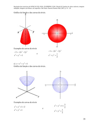 Resolução dos exercícios de GONÇALVES, M.B.; FLEMMING, D.M. Cálculo B: Funções de várias variáveis, integrais
múltiplas, integrais curvilíneas e de superfície. São Paulo: Pearson Prentice Hall, 2007, p. 18 – 20.
20
Gráfico da função e das curvas de níveis.
   




x
y
Exemplos de curvas de níveis
1
222
22
22


yx
yx
e
2
1
221
22
22


yx
yx
c) 122
 yxz
Gráfico da função e das curvas de níveis.
   


x
y
Exemplos de curvas de níveis
1
21
22
22


yx
yx
e
2
1
2
3
1
22
22


yx
yx
 