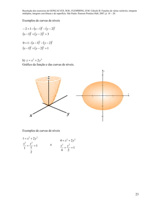 Resolução dos exercícios de GONÇALVES, M.B.; FLEMMING, D.M. Cálculo B: Funções de várias variáveis, integrais
múltiplas, integrais curvilíneas e de superfície. São Paulo: Pearson Prentice Hall, 2007, p. 18 – 20.
23
Exemplos de curvas de níveis
   
    321
2112
22
22


yx
yx
   
    121
2110
22
22


yx
yx
h) 22
2yxz 
Gráfico da função e das curvas de níveis.
   




x
y
Exemplos de curvas de níveis
1
2
11
21
22
22


yx
yx
e
1
24
24
22
22


yx
yx
 