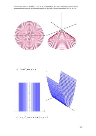 Resolução dos exercícios de GONÇALVES, M.B.; FLEMMING, D.M. Cálculo B: Funções de várias variáveis,
integrais múltiplas, integrais curvilíneas e de superfície. São Paulo: Pearson Prentice Hall, 2007, p. 18 – 20.
26
   




x
y
x
y
z
d) 80,2
 nml
       







m
n
m
n
e) 20,44,2
 yxyz
 