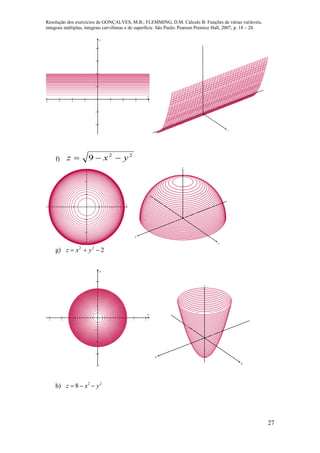 Resolução dos exercícios de GONÇALVES, M.B.; FLEMMING, D.M. Cálculo B: Funções de várias variáveis,
integrais múltiplas, integrais curvilíneas e de superfície. São Paulo: Pearson Prentice Hall, 2007, p. 18 – 20.
27
       






x
y
y
z
f)
22
9 yxz 
     





x
y
x
y
z
g) 222
 yxz
       







x
y
x
y
z
h) 22
8 yxz 
 