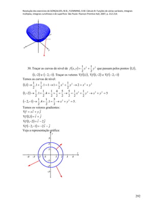 Resolução dos exercícios de GONÇALVES, M.B.; FLEMMING, D.M. Cálculo B: Funções de várias variáveis, integrais
múltiplas, integrais curvilíneas e de superfície. São Paulo: Pearson Prentice Hall, 2007, p. 212-214.
292
x
y
z
(-1,1,1)
30. Traçar as curvas de nível de   22
2
1
2
1
, yxyxf  que passam pelos pontos  1,1 ,
 2,1  e  1,2  . Traçar os vetores  1,1f ,  2,1 f e  1,2 f
Temos as curvas de nível:
  2222
2
2
1
2
1
111.
2
1
1.
2
1
1,1 yxyx 
  5
2
1
2
1
2
5
2
5
2
4
2
1
4.
2
1
1.
2
1
2,1 2222
 yxyx
  5
2
5
1.
2
1
4.
2
1
1,2 22
 yx .
Temos os vetores gradientes:
jyixf


  jif

 1,1
  jif

22,1 
  jif

 21,2
Veja a representação gráfica:
-4 -3 -2 -1 1 2 3 4
-3
-2
-1
1
2
3
x
y
 