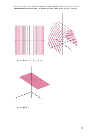 Resolução dos exercícios de GONÇALVES, M.B.; FLEMMING, D.M. Cálculo B: Funções de várias variáveis,
integrais múltiplas, integrais curvilíneas e de superfície. São Paulo: Pearson Prentice Hall, 2007, p. 18 – 20.
30
   




x
y
x
y
z
m) 4020,3  yexz
x
y
z
n) yxz  2
4
 