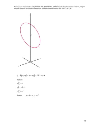 Resolução dos exercícios de GONÇALVES, M.B.; FLEMMING, D.M. Cálculo B: Funções de várias variáveis, integrais
múltiplas, integrais curvilíneas e de superfície. São Paulo: Pearson Prentice Hall, 2007, p. 45 – 47.
41
x
y
z
9
f)     2
9r t t i t j t k    , 0t
Temos:
  ttx 
  tty  9
  2
ttz 
Assim, xy  9 , 2
xz 
 