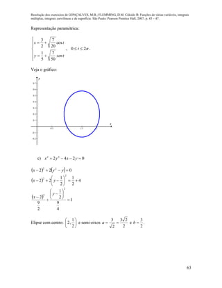 Resolução dos exercícios de GONÇALVES, M.B.; FLEMMING, D.M. Cálculo B: Funções de várias variáveis, integrais
múltiplas, integrais curvilíneas e de superfície. São Paulo: Pearson Prentice Hall, 2007, p. 45 – 47.
63
Representação paramétrica:









tseny
tx
50
7
5
1
cos
20
7
2
3
, 20  t .
Veja o gráfico:
0.5 1 1.5 2
-0.2
-0.1
0.1
0.2
0.3
0.4
0.5
0.6
0.7
x
y
c) 0242 22
 yxyx
    022 22
 yyx
  4
2
1
2
1
22
2
2






 yx
  1
4
9
2
1
2
9
2
2
2










y
x
Elipse com centro: 





2
1
,2 e semi-eixos
2
23
2
3
a e
2
3
b .
 