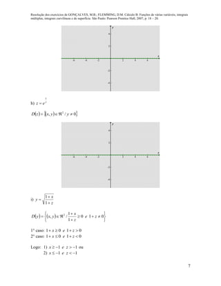 Resolução dos exercícios de GONÇALVES, M.B.; FLEMMING, D.M. Cálculo B: Funções de várias variáveis, integrais
múltiplas, integrais curvilíneas e de superfície. São Paulo: Pearson Prentice Hall, 2007, p. 18 – 20.
7
-6 -4 -2 2 4 6
-4
-2
2
4
x
y
h) y
x
ez 
    0/, 2
 yyxzD
-6 -4 -2 2 4 6
-4
-2
2
4
x
y
i)
z
x
y



1
1
   









 010
1
1
/, 2
ze
z
x
yxyD
1° caso: 0101  zex
2° caso: 0101  zex
Logo: 1) 11  zex ou
2) 11  zex
 