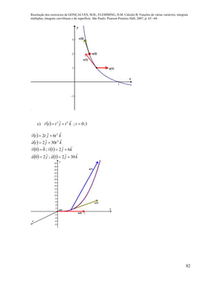 Resolução dos exercícios de GONÇALVES, M.B.; FLEMMING, D.M. Cálculo B: Funções de várias variáveis, integrais
múltiplas, integrais curvilíneas e de superfície. São Paulo: Pearson Prentice Hall, 2007, p. 65 –68.
82
1
-1
1
2
3
x
y
v(1)
v(2)
a(1)
a(2)
c)   1;0;62
 tktjttr

  ktjttv
 5
62 
  ktjta
 4
302 
   
    kjaja
kjvv


3021;20
621;00


2
-8
-6
-4
-2
2
4
6
8
10
12
14
16
18
20
22
24
26
28
30
y
z
v(0)
a(0)
v(1)
a(1)
x
 