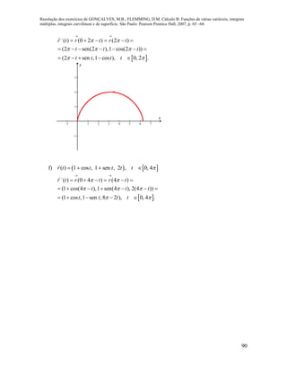 Resolução dos exercícios de GONÇALVES, M.B.; FLEMMING, D.M. Cálculo B: Funções de várias variáveis, integrais
múltiplas, integrais curvilíneas e de superfície. São Paulo: Pearson Prentice Hall, 2007, p. 65 –68.
90
 
( ) (0 2 ) (2 )
(2 sen(2 ),1 cos(2 ))
(2 sen ,1 cos ), 0, 2 .
r t r t r t
t t t
t t t t
 
  
 
 

     
      
    
-1 1 2 3 4 5 6 7
-1
1
2
3
x
y
f)    ( ) 1 cos , 1 sen , 2 , 0, 4r t t t t t    
 
( ) (0 4 ) (4 )
(1 cos(4 ),1 sen(4 ), 2(4 ))
(1 cos ,1 sen , 8 2 ), 0, 4 .
r t r t r t
t t t
t t t t
 
  
 
 

     
      
    
 