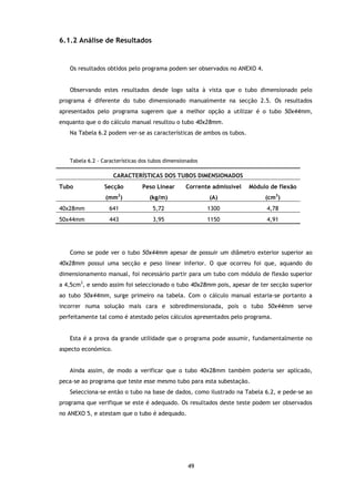 6.1.2 Análise de Resultados


   Os resultados obtidos pelo programa podem ser observados no ANEXO 4.


   Observando estes resultados desde logo salta à vista que o tubo dimensionado pelo
programa é diferente do tubo dimensionado manualmente na secção 2.5. Os resultados
apresentados pelo programa sugerem que a melhor opção a utilizar é o tubo 50x44mm,
enquanto que o do cálculo manual resultou o tubo 40x28mm.
   Na Tabela 6.2 podem ver-se as características de ambos os tubos.



   Tabela 6.2 - Características dos tubos dimensionados

                     CARACTERÍSTICAS DOS TUBOS DIMENSIONADOS
Tubo             Secção         Peso Linear       Corrente admissível   Módulo de flexão
                      2
                 (mm )             (kg/m)                 (A)                (cm3)
40x28mm            641              5,72                  1300                4,78
50x44mm            443              3,95                  1150                4,91




   Como se pode ver o tubo 50x44mm apesar de possuir um diâmetro exterior superior ao
40x28mm possui uma secção e peso linear inferior. O que ocorreu foi que, aquando do
dimensionamento manual, foi necessário partir para um tubo com módulo de flexão superior
a 4,5cm3, e sendo assim foi seleccionado o tubo 40x28mm pois, apesar de ter secção superior
ao tubo 50x44mm, surge primeiro na tabela. Com o cálculo manual estaria-se portanto a
incorrer numa solução mais cara e sobredimensionada, pois o tubo 50x44mm serve
perfeitamente tal como é atestado pelos cálculos apresentados pelo programa.


   Esta é a prova da grande utilidade que o programa pode assumir, fundamentalmente no
aspecto económico.


   Ainda assim, de modo a verificar que o tubo 40x28mm também poderia ser aplicado,
peca-se ao programa que teste esse mesmo tubo para esta subestação.
   Selecciona-se então o tubo na base de dados, como ilustrado na Tabela 6.2, e pede-se ao
programa que verifique se este é adequado. Os resultados deste teste podem ser observados
no ANEXO 5, e atestam que o tubo é adequado.




                                                   49
 