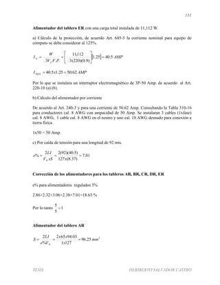 131
TESIS HERIBERTO SALVADOR CASTRO
Alimentador del tablero ER con una carga total instalada de 11,112 W.
a) Cálculo de la protección, de acuerdo Art. 645-5 la corriente nominal para equipo de
cómputo se debe considerar al 125%.
  AMP
PFV
W
I
f
N 5.4025.1
)9.0)(220(3
112,11
..3







AMPxIMAX 62.5025.15.40 
Por lo que se instalara un interruptor electromagnético de 3P-50 Amp. de acuerdo al Art.
220-10 (a) (b).
b) Cálculo del alimentador por corriente
De acuerdo al Art. 240-3 y para una corriente de 50.62 Amp. Consultando la Tabla 310-16
para conductores cal. 8 AWG con ampacidad de 50 Amp. Se instalaran 3 cables (1xfase)
cal. 8 AWG, 1 cable cal. 8 AWG en el neutro y uno cal. 10 AWG desnudo para conexión a
tierra física.
1x50 = 50 Amp.
c) Por caída de tensión para una longitud de 92 mts.
01.7
)37.8(127
)5.40)(92(22
% 
xxSV
LI
e
N
Corrección de los alimentadores para los tableros AR, BR, CR, DR, ER
e% para alimentadores regulados 5%
2.86+2.32+3.06+2.38+7.01=18.63 %
Por lo tanto 1
5
5

Alimentador del tablero AR
2
25.96
1271
03.94652
%
2
mm
x
xx
Ve
LI
S
N

 