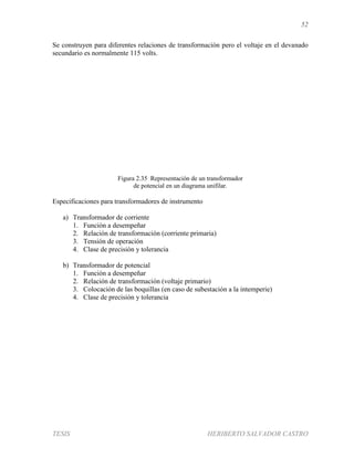 52
TESIS HERIBERTO SALVADOR CASTRO
Se construyen para diferentes relaciones de transformación pero el voltaje en el devanado
secundario es normalmente 115 volts.
Figura 2.35 Representación de un transformador
de potencial en un diagrama unifilar.
Especificaciones para transformadores de instrumento
a) Transformador de corriente
1. Función a desempeñar
2. Relación de transformación (corriente primaria)
3. Tensión de operación
4. Clase de precisión y tolerancia
b) Transformador de potencial
1. Función a desempeñar
2. Relación de transformación (voltaje primario)
3. Colocación de las boquillas (en caso de subestación a la intemperie)
4. Clase de precisión y tolerancia
 