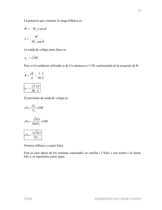 77
TESIS HERIBERTO SALVADOR CASTRO
La potencia que consume la carga trifásica es:
cos3 IVW F
cos3 FV
W
I 
La caída de voltaje entre fases es:
RIeF 3
Pero si el conductor utilizado es de Cu entonces ρ=1/50, sustituyendo en la ecuación de R:
S
L
S
L
R
50
1


S
LI
eF
50
3

El porciento de caída de voltaje es:
100% x
V
E
e
F
F

100
50
3
% x
SV
LI
e
F

FSV
LI
e
32
% 
Sistema trifásico a cuatro hilos
Este es caso típico de los sistemas conectados en estrella ( 3 hilos ) con neutro ( el cuarto
hilo ), se representa como sigue:
 