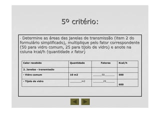 55ºº critcritéério:rio:
-- Determine asDetermine as ááreas das janelas de transmissão (item 2 doreas das janelas de transmissão (item 2 do
formulformuláário simplificado), multiplique pelo fator correspondenterio simplificado), multiplique pelo fator correspondente
(50 para vidro comum, 25 para tijolo de vidro) e anote na(50 para vidro comum, 25 para tijolo de vidro) e anote na
coluna kcal/h (quantidade x fator)coluna kcal/h (quantidade x fator)
500500______50_____________50_______10 m210 m2-- Vidro comumVidro comum
2. Janelas2. Janelas -- transmissãotransmissão
600600
_______25_____________25______________m2________m2-- Tijolo de vidroTijolo de vidro
Kcal/hFatoresQuantidadeCalor recebido
 