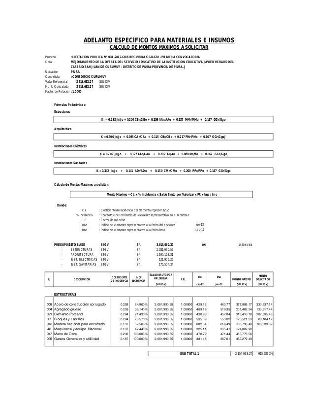 Calculo de adelanto materiales modelo d36-bb7
