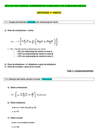 APOYOS CON CADENAS SUSPENSION DE ALINEACION O DE ALINEACION-ANGULO
HIPOTESIS 1ª VIENTO
1.1.- Cargas permanentes verticales con sobrecarga de viento
a) Peso de conductores + viento
• Fv = Tensión de los conductores con viento
o - 5ºC con sobrecarga de viento en zona A
o - 10ºC con sobrecarga de viento en zona B
o - 15ºC con sobrecarga de viento en zona C
b) Peso de aisladores = nº aisladores x peso de aisladores
c) Peso de crucetas = peso de la cruceta
Total 1.1: Cargas permanentes
1.2.- Esfuerzo del viento normal a la línea - Transversal
a) Sobre conductores
b) Sobre aisladores
c) Sobre cruceta
 