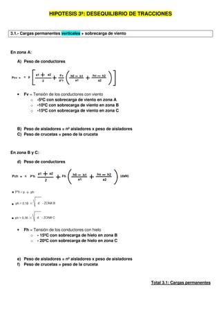 HIPOTESIS 3ª: DESEQUILIBRIO DE TRACCIONES
3.1.- Cargas permanentes verticales + sobrecarga de viento
En zona A:
A) Peso de conductores
• Fv = Tensión de los conductores con viento
o -5ºC con sobrecarga de viento en zona A
o -10ºC con sobrecarga de viento en zona B
o -15ºC con sobrecarga de viento en zona C
B) Peso de aisladores = nº aisladores x peso de aisladores
C) Peso de crucetas = peso de la cruceta
En zona B y C:
d) Peso de conductores
• Fh = Tensión de los conductores con hielo
o - 15ºC con sobrecarga de hielo en zona B
o - 20ºC con sobrecarga de hielo en zona C
e) Peso de aisladores = nº aisladores x peso de aisladores
f) Peso de crucetas = peso de la cruceta
Total 3.1: Cargas permanentes
 