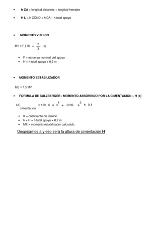 • h CA = longitud aislantes + longitud herrajes
• H L = h COND + h CA – h total apoyo
• MOMENTO VUELCO
• F = esfuerzo nominal del apoyo
• H = h total apoyo + 0,2 m
• MOMENTO ESTABILIZADOR
• FORMULA DE SULZBERGER - MOMENTO ABSORBIDO POR LA CIMENTACION – H (a)
• K = coeficiente de terreno
• h = H = h total apoyo + 0,2 m
• ME = momento estabilizador calculado
Despejamos a y eso será la altura de cimentación H
 