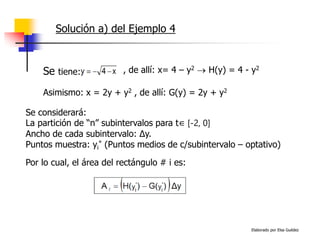 Elaborado por Elsa Guédez
Solución a) del Ejemplo 4
Se tiene: , de allí: x= 4 – y2  H(y) = 4 - y2
Asimismo: x = 2y + y2 , de allí: G(y) = 2y + y2
Se considerará:
La partición de “n” subintervalos para t∈ [-2, 0]
Ancho de cada subintervalo: ∆y.
Puntos muestra: yi
* (Puntos medios de c/subintervalo – optativo)
Por lo cual, el área del rectángulo # i es:
 