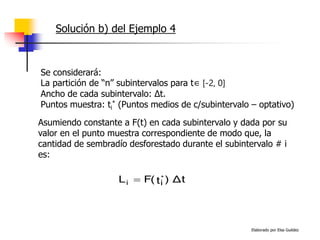Elaborado por Elsa Guédez
Solución b) del Ejemplo 4
Se considerará:
La partición de “n” subintervalos para t∈ [-2, 0]
Ancho de cada subintervalo: ∆t.
Puntos muestra: ti
* (Puntos medios de c/subintervalo – optativo)
Asumiendo constante a F(t) en cada subintervalo y dada por su
valor en el punto muestra correspondiente de modo que, la
cantidad de sembradío desforestado durante el subintervalo # i
es:
Δt
)
t
F(
L *
i
i 
 