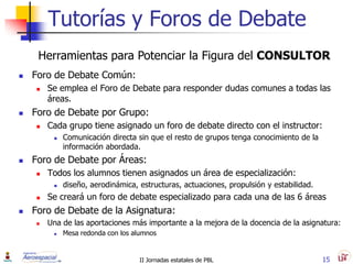 Tutorías y Foros de Debate
     Herramientas para Potenciar la Figura del CONSULTOR
   Foro de Debate Común:
       Se emplea el Foro de Debate para responder dudas comunes a todas las
        áreas.
   Foro de Debate por Grupo:
       Cada grupo tiene asignado un foro de debate directo con el instructor:
            Comunicación directa sin que el resto de grupos tenga conocimiento de la
             información abordada.
   Foro de Debate por Áreas:
       Todos los alumnos tienen asignados un área de especialización:
            diseño, aerodinámica, estructuras, actuaciones, propulsión y estabilidad.
       Se creará un foro de debate especializado para cada una de las 6 áreas
   Foro de Debate de la Asignatura:
       Una de las aportaciones más importante a la mejora de la docencia de la asignatura:
            Mesa redonda con los alumnos


                                   II Jornadas estatales de PBL                          15
 