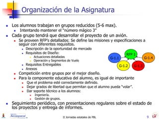 Organización de la Asignatura

   Los alumnos trabajan en grupos reducidos (5-6 max).
       Intentando mantener el “número mágico 3”
   Cada grupo tendrá que desarrollar el proyecto de un avión.
       Se proveen RFP’s detallados: Se define las misiones y especificaciones a
        seguir con diferentes requisitos.
            Descripción de la oportunidad de mercado
            Requisitos de Diseño:                                                 RFP 1
                  Actuaciones detalladas                              G-1.1                   G-1.4
                  Operación y Segmentos de Vuelo
            Requisitos Entregables                                            G-1.2   G-1.3
            Anexos
       Competición entre grupos por el mejor diseño.
       Para la componente educativa del alumno, es igual de importante
            Que el problema esté correctamente definido.
            Dejar grados de libertad que permitan que el alumno pueda “volar”.
            Dar soporte técnico a los alumnos:
                  Ingeniería.
                  Gestión de grupos.
   Seguimiento periódico, con presentaciones regulares sobre el estado de
    los proyectos y entrega de informes.

                                        II Jornadas estatales de PBL                            9
 
