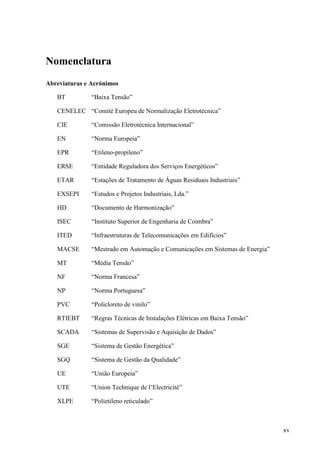 xv
Nomenclatura
Abreviaturas e Acrónimos
BT “Baixa Tensão”
CENELEC “Comité Europeu de Normalização Eletrotécnica”
CIE “Comissão Eletrotécnica Internacional”
EN “Norma Europeia”
EPR “Etileno-propileno”
ERSE “Entidade Reguladora dos Serviços Energéticos”
ETAR “Estações de Tratamento de Águas Residuais Industriais”
EXSEPI “Estudos e Projetos Industriais, Lda.”
HD “Documento de Harmonização”
ISEC “Instituto Superior de Engenharia de Coimbra”
ITED “Infraestruturas de Telecomunicações em Edifícios”
MACSE “Mestrado em Automação e Comunicações em Sistemas de Energia”
MT “Média Tensão”
NF “Norma Francesa”
NP “Norma Portuguesa”
PVC “Policloreto de vinilo”
RTIEBT “Regras Técnicas de Instalações Elétricas em Baixa Tensão”
SCADA “Sistemas de Supervisão e Aquisição de Dados”
SGE “Sistema de Gestão Energética”
SGQ “Sistema de Gestão da Qualidade”
UE “União Europeia”
UTE “Union Technique de l’Electricité”
XLPE “Polietileno reticulado”
 