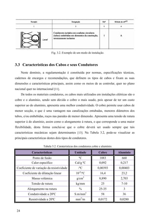 24
Fig. 3.2. Exemplo de um modo de instalação.
3.3 Características dos Cabos e seus Condutores
Neste domínio, a regulamentação é constituída por normas, especificações técnicas,
cadernos de encargos e recomendações, que definem os tipos de cabos e fixam as suas
dimensões e características principais, assim como os meios de as controlar, quer no plano
nacional quer no internacional [11].
De todos os materiais condutores, os cabos mais utilizados em instalações elétricas são o
cobre e o alumínio, sendo sem dúvida o cobre o mais usado, pois apesar de ter um custo
superior ao do alumínio, apresenta uma melhor condutividade. O cobre permite usar cabos de
menor secção, o que é uma vantagem nas canalizações entubadas, menores diâmetros dos
tubos, e/ou embebidas, roços nas paredes de menor dimensão. Apresenta uma tensão de rutura
superior à do alumínio, assim como o alongamento à rutura, o que corresponde a uma maior
flexibilidade, desta forma conclui-se que o cobre deverá ser usado sempre que tais
características mecânicas sejam determinantes [13]. Na Tabela 3.2, pode-se visualizar as
principais características destes dois tipos de condutores.
Tabela 3.2. Caraterísticas dos condutores cobre e alumínio.
Características Unidade Cobre Alumínio
Ponto de fusão ºC 1083 660
Calor específico Cal/g ºC 0,092 0,217
Coeficiente de variação da resistividade /ºC 0,00393 0,00403
Coeficiente de dilatação linear 10-6
/ºC 16,4 23,2
Massa volúmica g/cm3
8,890 2,703
Tensão de rutura kg/mm 25 7-10
Alongamento na rutura % 25-35 3
Condutividade a 20ºC S.m/mm2
58 36
Resistividade a 20ºC mm2
/m 0,0172 0,0280
 