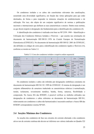 25
Os condutores isolados e os cabos são constituintes relevantes das canalizações,
assumindo uma diversidade significativa, em função das várias aplicações para que estão
destinados, de forma a para responder às inúmeras situações de estabelecimento e de
utilização. Por isso, são objeto de um conjunto significativo de normas e publicações
nacionais e internacionais que definem as suas características e ensaios. Dentre essas normas,
as que dizem respeito à designação são fundamentais para a identificação dos condutores [8].
A identificação dos condutores é realizada com base na NP 2359: 1984  Identificação e
Utilização dos Condutores Elétricos Isolados e Flexíveis  que assenta nas orientações do
documento de harmonização HD 308 S1: 1976 do Comité Europeu de Normalização
Eletrotécnica (CENELEC). No documento de harmonização HD 308 S2: 2001 do CENELEC,
são definidos os códigos de cores para a identificação dos condutores rígidos e flexíveis [14],
conforme se mostra na Tabela 3.3.
Tabela 3.3. Cores dos condutores isolados e respetiva ordem sequencial.
Os condutores isolados e cabos são referidos por designações simbólicas constantes do
documento de harmonização HD 361 S3: 1999 do CENELEC. O sistema de designação é um
conjunto alfanumérico de caracteres traduzindo as características relativas à normalização,
tensão, isolamento, revestimento metálico, bainha, forma, natureza, flexibilidade e
composição. No Anexo IIA das RTIEBT, é possível verificar os símbolos utilizados nas
designações de condutores e cabos referentes ao documento de harmonização HD 361,
relativamente aos condutores e cabos não harmonizados é necessário analisar o Anexo IIB das
RTIEBT correspondente à norma NP 665.
3.4 Secções Mínimas dos Condutores
As secções dos condutores de fase nos circuitos de corrente alternada e dos condutores
ativos nos de corrente contínua não devem ser inferiores aos valores indicados no Quadro 52J
Número de
condutores
Cor Função
Com
condutor
de proteção
Verde-amarelo
Azul
Castanho
Preto
Cinzento
Azul
Castanho
Preto
Cinzento
Preto
Sem
condutor
de proteção
Proteção
Neutro
Fases
Neutro
Fases
 
