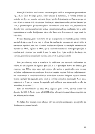 41
Como já foi referido anteriormente e como se pode verificar no esquema apresentado na
Fig. 3.6, no caso de cargas gerais, como tomadas e iluminação, a corrente nominal de
proteção (In) deve ser superior à corrente de serviço (IB). Esta situação verifica-se, porque no
caso de se ter um ou dois circuitos de iluminação, normalmente coloca-se um disjuntor de
10 A, o que não implica que a iluminação vá consumir este valor. Neste caso, encontra-se um
disjuntor com valor nominal superior ao IB e o dimensionamento da canalização, faz-se tendo
em consideração o valor do disjuntor e não o valor da corrente de consumo da carga, isto é, do
valor de IB.
No caso de cargas, como os motores em que os disjuntores são regulados, para a corrente
nominal da carga, que é o IB, para o cálculo da canalização, normalmente não se utiliza a
corrente de regulação, mas sim, a corrente máxima do disjuntor. Por exemplo, no caso de um
disjuntor de 400 A, regulado a 300 A, que é a corrente nominal do motor para proteção, a
canalização é calculada para os 400 A, que é o valor de In. Após o cálculo dos fatores de
correção, encontra-se uma corrente máxima admissível, IZ, correspondente.
Este procedimento evita a ocorrência de problemas com eventuais adulterações de
valores. Se um disjuntor for regulado para 300 A e, se por algum motivo for alterado, por
exemplo, para 400 A, nesse caso, pelo menos, não queima a canalização, nem provoca
incêndios, embora possa eventualmente destruir a carga ou o motor. Única e exclusivamente,
nos casos em que as situações económicas e condições técnicas o obriguem é que se costuma
utilizar a corrente de regulação, como sendo a corrente nominal da canalização. Neste caso,
encontra-se o IZ para a corrente de regulação, pois utiliza-se esta, como sendo o valor da
intensidade de corrente In.
Para um transformador de 1000 kVA, regulado para 1440 A, deve-se utilizar um
disjuntor de 1600 A. Nestes casos, a EXSEPI utiliza selos próprios que indicam se existiu ou
não adulteração de valores.
Na Tabela 3.8, mostram-se as relações entre as correntes estipuladas e as correntes de
funcionamento para os fusíveis.
 