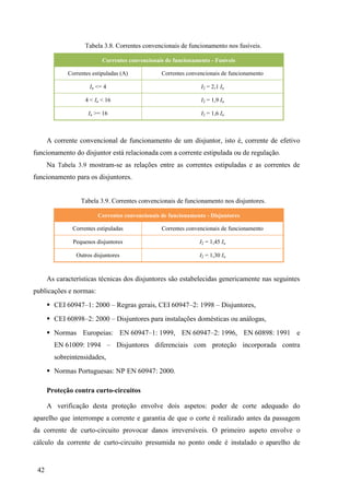 42
Tabela 3.8. Correntes convencionais de funcionamento nos fusíveis.
Correntes convencionais de funcionamento - Fusíveis
Correntes estipuladas (A) Correntes convencionais de funcionamento
In <= 4 I2 = 2,1 In
4 < In < 16 I2 = 1,9 In
In >= 16 I2 = 1,6 In
A corrente convencional de funcionamento de um disjuntor, isto é, corrente de efetivo
funcionamento do disjuntor está relacionada com a corrente estipulada ou de regulação.
Na Tabela 3.9 mostram-se as relações entre as correntes estipuladas e as correntes de
funcionamento para os disjuntores.
Tabela 3.9. Correntes convencionais de funcionamento nos disjuntores.
Correntes convencionais de funcionamento - Disjuntores
Correntes estipuladas Correntes convencionais de funcionamento
Pequenos disjuntores I2 = 1,45 In
Outros disjuntores I2 = 1,30 In
As características técnicas dos disjuntores são estabelecidas genericamente nas seguintes
publicações e normas:
 CEI 60947–1: 2000 – Regras gerais, CEI 60947–2: 1998 – Disjuntores,
 CEI 60898–2: 2000 – Disjuntores para instalações domésticas ou análogas,
 Normas Europeias: EN 60947–1: 1999, EN 60947–2: 1996, EN 60898: 1991 e
EN 61009: 1994 – Disjuntores diferenciais com proteção incorporada contra
sobreintensidades,
 Normas Portuguesas: NP EN 60947: 2000.
Proteção contra curto-circuitos
A verificação desta proteção envolve dois aspetos: poder de corte adequado do
aparelho que interrompe a corrente e garantia de que o corte é realizado antes da passagem
da corrente de curto-circuito provocar danos irreversíveis. O primeiro aspeto envolve o
cálculo da corrente de curto-circuito presumida no ponto onde é instalado o aparelho de
 
