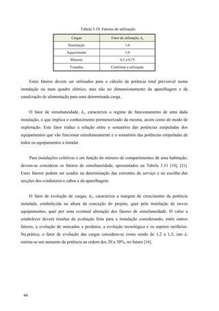 44
Tabela 3.10. Fatores de utilização.
Cargas Fator de utilização, ku
Iluminação 1,0
Aquecimento 1,0
Motores 0,3 a 0,75
Tomadas Conforme a utilização
Estes fatores devem ser utilizados para o cálculo da potência total previsível numa
instalação ou num quadro elétrico, mas não no dimensionamento da aparelhagem e da
canalização de alimentação para uma determinada carga.
O fator de simultaneidade, ks, caracteriza o regime de funcionamento de uma dada
instalação, o que implica o conhecimento pormenorizado da mesma, assim como do modo de
exploração. Este fator traduz a relação entre o somatório das potências estipuladas dos
equipamentos que vão funcionar simultaneamente e o somatório das potências estipuladas de
todos os equipamentos a instalar.
Para instalações coletivas e em função do número de compartimentos de uma habitação,
devem-se considerar os fatores de simultaneidade, apresentados na Tabela 3.11 [10], [21].
Estes fatores podem ser usados na determinação das correntes de serviço e na escolha das
secções dos condutores e cabos e da aparelhagem.
O fator de evolução de cargas, ke, caracteriza a margem de crescimento da potência
instalada, estabelecida na altura da conceção do projeto, quer pela instalação de novos
equipamentos, quer por uma eventual alteração dos fatores de simultaneidade. O valor a
estabelecer deverá resultar da avaliação feita para a instalação considerando, entre outros
fatores, a evolução de mercados e produtos, a evolução tecnológica e os aspetos tarifários.
Na prática, o fator de evolução das cargas considera-se como sendo de 1,2 a 1,3, isto é,
estima-se um aumento da potência na ordem dos 20 a 30%, no futuro [18].
 