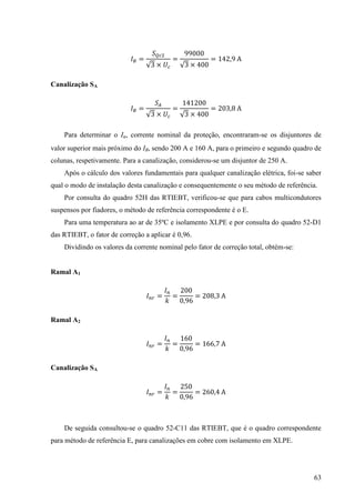 63
=
3 ×
=
3 ×
=
Canalização SA
=
3 ×
=
3 ×
= 3
Para determinar o In, corrente nominal da proteção, encontraram-se os disjuntores de
valor superior mais próximo do IB, sendo 200 A e 160 A, para o primeiro e segundo quadro de
colunas, respetivamente. Para a canalização, considerou-se um disjuntor de 250 A.
Após o cálculo dos valores fundamentais para qualquer canalização elétrica, foi-se saber
qual o modo de instalação desta canalização e consequentemente o seu método de referência.
Por consulta do quadro 52H das RTIEBT, verificou-se que para cabos multicondutores
suspensos por fiadores, o método de referência correspondente é o E.
Para uma temperatura ao ar de 35ºC e isolamento XLPE e por consulta do quadro 52-D1
das RTIEBT, o fator de correção a aplicar é 0,96.
Dividindo os valores da corrente nominal pelo fator de correção total, obtém-se:
Ramal A1
= = = 3
Ramal A2
= = =
Canalização SA
= = =
De seguida consultou-se o quadro 52-C11 das RTIEBT, que é o quadro correspondente
para método de referência E, para canalizações em cobre com isolamento em XLPE.
 