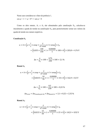 67
Neste caso considera-se o fator de potência 1,
cos φ = 1 => φ = 0º => sen φ = 0
Como os dois ramais, A1 e A2 são alimentados pela canalização SA, calculou-se
inicialmente a queda de tensão na canalização SA, para posteriormente somar aos valores da
queda de tensão nos ramais respetivos.
Canalização SA
= × ( × × × × ) ×
= ( 3 × × × × ) × 3 =
= × =
3
× =
Ramal A1
= × ( × × × × ) ×
= ( × × × × ) × =
= × =
3
× =
= = = 3
Ramal A2
= × ( × × × × ) ×
= ( × × × × ) × =
 