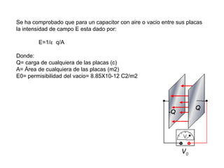 Se ha comprobado que para un capacitor con aire o vacio entre sus placas
la intensidad de campo E esta dado por:

        E=1/ε q/A

Donde:
Q= carga de cualquiera de las placas (c)
A= Área de cualquiera de las placas (m2)
E0= permisibilidad del vacio= 8.85X10-12 C2/m2
 