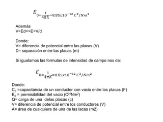 Además
  V=Ed=>E=V/d

  Donde:
  V= diferencia de potencial entre las placas (V)
  D= separación entre las placas (m)

  Si igualamos las formulas de intensidad de campo nos da:




Donde:
C0 =capacitancia de un conductor con vacio entre las placas (F)
E0 = permisibilidad del vacio (C2/Nm2)
Q= carga de una delas placas (c)
V= diferencia de potencial entre los conductores (V)
A= área de cualquiera de una de las lacas (m2)
 