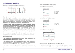 LAJES ARMADAS EM UMA DIREÇÃO
                                                                                     Abaixo estão os gráficos destes 3 casos:
Considere-se a laje esquematizada na figura a seguir:
                                                                                     Esforços Máximos na Laje Isolada



                         A’
                 P1 V1               P2                 Vx
                                                                                                    q


        lx   B                            B’   p             Mx
                                                                                                    lx
                                                                                                                            mx = p⋅lx2/8
                                                                                            Vx                              my = υ⋅mx
                 P3 V2         1 1   P4            Vx
                                                                                                                            vx = p⋅lx/2
                         A



                          ly
                                                                                                                Vx




Sejam, lx, o vão teórico da laje, normalmente, igual à distância entre os eixos                     Mx

dos vigas de apoio, e ly o seu comprimento. Os cortes AA e BB mostram, de            Esforços Máximos na Laje em Balaço
forma esquemática, os deslocamentos apresentados pela laje ao ser submetida à
                                                                                                           P
uma carga distribuída uniforme de valor p. Constata-se a presença de curvatura                       q

e, portanto, de momento fletor segundo o corte AA. Segundo o corte BB ocorre,
praticamente uma translação com curvatura e flexão desprezíveis.                                     lx
                                                                                                                            m’x = p⋅lx2/8
Considere-se, agora, faixas isolados de larguras unitárias paralelos ao corte AA:            Vx                             vx = p⋅lx + P
o carregamento de uma dessas faixas é constituído de carga uniforme de valor                M’
                                                                                             x

p . Cada uma dessas faixas tem, aparentemente, o comportamento de uma viga
isostática e o diagrama de momento fletor é uma parábola de ordenada igual a
p⋅lx2/8. Representa-se este momento fletor por mx, com mx = p⋅lx2/8, na unidade
kN⋅m/m. Analogamente, a força cortante tem diagrama linear e seu valor máximo        Esforços Máximos na Laje Contínua
vx = p⋅lx/2. Para que as faces superior e inferior mantenham-se paralelas entre                     q                q
si aparece um momenfo fletor my = υ⋅mx atuando no plano paralelo ao lado ly,
também por unidade de largura, sendo my = 0,2⋅mx , pois no concreto υ = 0,2 . O
momenfo fletor mx é chamado de momento fletor principal e my de secundário.                         l x1             l x2

                                                                                            Vx             Vx
Esforços Solicitantes
                                                                                                                Vx          Vx

- Laje Isolada: nesse caso, a faixa de largura unitária da laje corresponde a uma                               M’

viga isolada sujeita a carga distribuída uniforme;
                                                                                                    Mx1              Mx2
- Laje em balanço: nesse caso, a faixa de largura unitária da laje corresponde a
uma viga em balanço e o carregamento consiste numa carga uniforme distribuída
p mais uma concentrada P aplicada junto à extremidade do balanço.                    Dimensionamento à Flexão (Estado Limite Último - ELU)

- Laje contínua: nesse caso, a faixa de largura unitária da laje corresponde a uma   O dimensionamento é feito para uma seção retangular de largura unitária
viga contínua.                                                                       (normalmente, b =1 m =100 cm) e altura igual à espessura total do laje, h.

13                                                                                                                                     Cálculo de Concreto Armado   14
 
