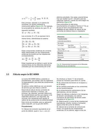 j
                         2. π
                                     1     3       ur uu uu
                                                        r r       eléctrica estudiada. Con estas características
              a=e         3
                                =−     +j    entre I1, I2, I3 .   hay que resaltar que Zi ≈ Zd salvo para las
                                     2    2
                                                                  máquinas rotativas, cuando Zo varía según los
              Este principio, aplicado a un sistema de            elementos (figura 24).
              corrientes, se verifica mediante la                 Para profundizar en este tema,
              construcción gráfica (figura 23). Por ejemplo,      recomendamos el Cuaderno Técnico nº 18, en
                                                    uur
              la suma gráfica de vectores da, para I2 , el        el que se hace una presentación más
                                                                  detallada de este método de cálculo de las
              siguiente resultado:                                corrientes de defecto franco e impedante.
              uur       uuu
                          r       uur uuu r
              I2 = a2 . I1d + a . I1i + I1o.
                              ur     uu
                                      r
              Las corrientes I1 e I3 se expresan de la             Elementos                            Zo
              misma forma, obteniéndose el sistema:                Transformador
                ur uuu uu uuu
                      r     r     r
              I1 = I1d + I1i + I1o                                (visto lado secundario)
               uu
               r        uuur       uu uuu
                                     r    r                        Sin neutro                           ∞
              I2 = a . I1d + a . I1i + I1o
                      2

               uu
                 r      uuu
                          r         uu uuu
                                     r    r                        Yyn o Zyn         flujo libre        ∞
              I3 = a . I1d + a . I1i + I1o
                                2
                                                                                    flujo forzado      10 a 15 Xd
                                                                   Dyn o YNyn                           Xd
              Estas componentes simétricas de corriente            primario D o Y + zn                  0,1 a 0,2 Xd
              están relacionadas con las componentes               Máquina
              simétricas de tensión por las impedancias
                                                                   Síncrona                             ≈ 0,5 Zd
              correspondientes:
                                                                   Asíncrona                            ≈0
                     Vd ,      Vi ,      Vo
              Zd =        Zi =      Zo =                           Línea                                ≈ 3 Zd
                     Id        Ii        Io
              Estas impedancias se definen a partir de las
                                                                  Fig. 24: Característica homopolar de los diferentes
              características de los diferentes elementos
                                                                  elementos de una red eléctrica.
              (indicados por los constructores) de la red




3.3   Cálculo según la IEC 60909

              La norma IEC 60909 define y presenta un             Se introduce un factor "c" de la tensión
              procedimiento, que pueden usar los ingenieros       porque es necesario para tener en cuenta:
              no especializados, que utiliza las componentes      n las variaciones de tensión en el espacio y
              simétricas.                                         en el tiempo,
              Se aplica a redes eléctricas con una tensión        n los cambios eventuales en las conexiones
              de servicio que sea inferior a 230 kV.              de los transformadores,
              Desarrolla el cálculo de las corrientes de          n el comportamiento subtransitorio de los
              cortocircuito máximas y mínimas. Las                alternadores y de los motores.
              primeras, las máximas, permiten determinar
                                                                  Según los cálculos a efectuar y los márgenes
              las características que hay que asignar a los
                                                                  de tensión considerados, los valores
              materiales eléctricos. Las segundas, las
                                                                  normativos de este factor de tensión están
              mínimas, son necesarias para ajustar el
                                                                  indicados en la figura 25.
              calibre de las protecciones de sobreintensidad.
                                                                  2– Determinación y suma de las impedancias
              Esta norma se completa, para su aplicación
                                                                  equivalentes, directa, inversa y homopolar,
              sobre redes BT, con la guía IEC 60781.
                                                                  aguas arriba del punto de defecto.
              Procedimiento                                       3– Cálculo de la corriente de cortocircuito
              1– Cálculo de la tensión equivalente en el          inicial, con ayuda de las componentes
              punto de defecto, igual a: U e q = c .Un / 3 .      simétricas. En la práctica, según el tipo de




                                                                              Cuaderno Técnico Schneider n° 158 / p. 30
 