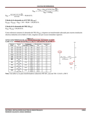 CALCULO	DE	DEMANDAS	
MATERIA:	INSTALCIONES	ELECTRICAS	INDUSTRIALES	I																																																																																																																							UMSS	
MAMANI	CALLISAYA	ANGEL	RODRIGO 
D
Fu ∗ Pn (CV)*0,736 (
kw
CV
)
η ∗ cosθ
D
, ∗ (CV)*0,736 ( )
, ∗ ,
= 40,46 kVA
Cálculo de la demanda en el CCM2 𝑫 𝑪𝑪𝑴𝟐
D = D + D = 144 + 40,46 = 184,46 kVA
Cálculo de la demanda del TR2 𝑫 𝑻𝑹𝟐
D =D =184,46 kVA
Como referencia tomamos la demanda del TR2 (D ), elegimos un transformador adecuado para nuestra instalación
eléctrica industrial, de no haber el valor, elegimos uno por exceso (inmediato superior)
Nota: Esta tabla 4,2 es para transformadores reductores MT-BT, caso del TR1 13,8 kV a 380 V
 