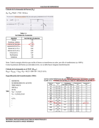 CALCULO	DE	DEMANDAS	
MATERIA:	INSTALCIONES	ELECTRICAS	INDUSTRIALES	I																																																																																																																							UMSS	
MAMANI	CALLISAYA	ANGEL	RODRIGO 
Cálculo de la demanda del horno 𝑫 𝑯
𝐷 =𝐹 *PnH= 1*50= 50 Kva
Nota: Toda la energía eléctrica que recibe el horno se transforma en calor, por ello el rendimiento (η=100%)
Como la potencia del horno ya está dada en kw, no se debe hacer ninguna transformación
Cálculo de la demanda en el TGF 𝑫 𝑻𝑮𝑭
D = D + S +𝐷 = 60,21+200+50= 310,21 kVA
Especificación del transformador (TR1)
TR1
SIEMENS
SUMERGIDO EN ACEITE
TRIFASICO
500 Kva
50 Hz
Vp = 13,8 kV
Vs = 0,38/0,22 kV
-
4,5%
-
-
-
 