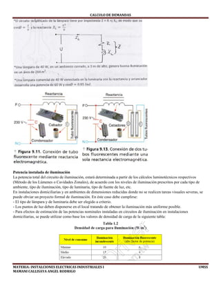 CALCULO	DE	DEMANDAS	
MATERIA:	INSTALCIONES	ELECTRICAS	INDUSTRIALES	I																																																																																																																							UMSS	
MAMANI	CALLISAYA	ANGEL	RODRIGO 
Potencia instalada de iluminación
La potencia total del circuito de iluminación, estará determinada a partir de los cálculos luminotécnicos respectivos
(Método de los Lúmenes o Cavidades Zonales), de acuerdo con los niveles de iluminación prescritos por cada tipo de
ambiente, tipo de iluminación, tipo de luminaria, tipo de fuente de luz, etc.
En instalaciones domiciliarias y en ambientes de dimensiones reducidas donde no se realicen tareas visuales severas, se
puede obviar un proyecto formal de iluminación. En éste caso debe cumplirse:
- El tipo de lámpara y de luminaria debe ser elegido a criterio.
- Los puntos de luz deben disponerse en el local tratando de obtener la iluminación más uniforme posible.
- Para efectos de estimación de las potencias nominales instaladas en circuitos de iluminación en instalaciones
domiciliarias, se puede utilizar como base los valores de densidad de carga de la siguiente tabla: 
 