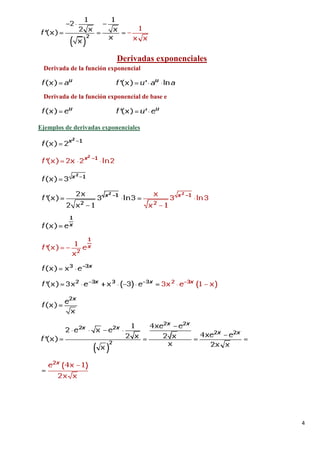 4
Derivada de la función exponencial
Derivadas exponenciales
Derivada de la función exponencial de base e
Ejemplos de derivadas exponenciales
 