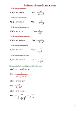 8
Derivadas trigonométricas inversas
Derivada del arcoseno
Derivada del arcocoseno
Derivada del arcotangente
Derivada del arcocotangente
Derivada del arcosecante
Derivada del arcocosecante
Ejemplos de derivadas trigonométricas inversas
 