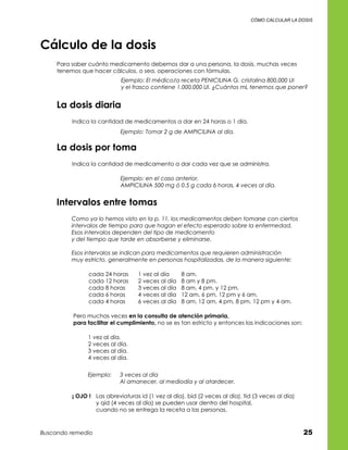cómo calcular la dosis




Cálculo de la dosis
     Para saber cuánto medicamento debemos dar a una persona, la dosis, muchas veces
     tenemos que hacer cálculos, o sea, operaciones con fórmulas.
                             Ejemplo: El médico/a receta PENICILINA G. cristalina 800,000 UI
                             y el frasco contiene 1,000,000 UI. ¿Cuántos mL tenemos que poner?


     La dosis diaria
          Indica la cantidad de medicamentos a dar en 24 horas o 1 día.
                            Ejemplo: Tomar 2 g de AMPICILINA al día.

     La dosis por toma
          Indica la cantidad de medicamento a dar cada vez que se administra.

                            Ejemplo: en el caso anterior,
                            AMPICILINA 500 mg ó 0.5 g cada 6 horas, 4 veces al día.


     Intervalos entre tomas
         Como ya lo hemos visto en la p. 11, los medicamentos deben tomarse con ciertos
         intervalos de tiempo para que hagan el efecto esperado sobre la enfermedad.
         Esos intervalos dependen del tipo de medicamento
         y del tiempo que tarde en absorberse y eliminarse.

         Esos intervalos se indican para medicamentos que requieren administración
         muy estricto, generalmente en personas hospitalizadas, de la manera siguiente:

                cada 24 horas	     1 vez al día	     8 am.	
                cada 12 horas	     2 veces al día	   8 am y 8 pm.	
                cada 8 horas	      3 veces al día	   8 am, 4 pm. y 12 pm.	
                cada 6 horas	      4 veces al día	   12 am, 6 pm, 12 pm y 6 am.	
                cada 4 horas	      6 veces al día	   8 am, 12 am, 4 pm, 8 pm, 12 pm y 4 am.

          Pero muchas veces en la consulta de atención primaria,	
          para facilitar el cumplimiento, no se es tan estricto y entonces las indicaciones son:

                1 vez al día.	
                2 veces al día.	
                3 veces al día.	
                4 veces al día.


                Ejemplo:	   3 veces al día
                	           Al amanecer, al mediodía y al atardecer.

          ¡ OJO !	 Las abreviaturas id (1 vez al día), bid (2 veces al día), tid (3 veces al día)	
          	        y qid (4 veces al día) se pueden usar dentro del hospital,	
          	        cuando no se entrega la receta a las personas.



Buscando remedio                                                                                     25
 