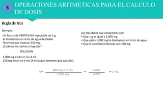 5 OPERACIONES ARITMETICAS PARA EL CALCULO
DE DOSIS
Regla de tres
Un frasco de AMPICILINA inyectable de 1 g,
lo disolvemos en 4 mL de agua destilada.
Tenemos que inyectar 250 mg.
¿Cuántos mL vamos a inyectar?
Ejemplo:
1,000 mg están en los 4 mL.
250 mg están en X mL (X es lo que tenemos que calcular).
Los tres datos que conocemos son:
• Que 1 g es igual a 1,000 mg.
• Que estos 1,000 mg lo disolvemos en 4 mL de agua.
• Que la cantidad ordenada son 250 mg.
SOLUCION
 