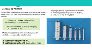 Medidas de volumen
Son medidas para líquidos como agua, leche, suero oral, jarabe,
inyecciones , etc. Para medir los volúmenes se utiliza el Litro y
Mililitro.
Las jeringas para las inyecciones están marcadas
en mililitros y son de varios tamaños, de 1 mL,
de 5 mL, de 10 mL, 20 ml y 50ml.
Medicamentos como los jarabes muchas veces son
recetados por cucharadas o cucharaditas.
 