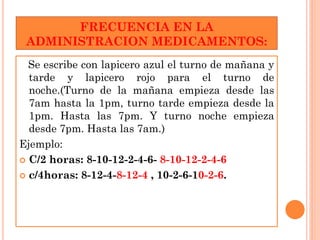 FRECUENCIA EN LA
 ADMINISTRACION MEDICAMENTOS:
  Se escribe con lapicero azul el turno de mañana y
  tarde y lapicero rojo para el turno de
  noche.(Turno de la mañana empieza desde las
  7am hasta la 1pm, turno tarde empieza desde la
  1pm. Hasta las 7pm. Y turno noche empieza
  desde 7pm. Hasta las 7am.)
Ejemplo:
 C/2 horas: 8-10-12-2-4-6- 8-10-12-2-4-6

 c/4horas: 8-12-4-8-12-4 , 10-2-6-10-2-6.
 