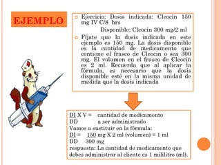 Ejercicio: Dosis indicada: Cleocin 150
EJEMPLO
            
                mg IV C/8 hrs
                       Disponible: Cleocin 300 mg/2 ml
               Fíjate que la dosis indicada en este
                ejemplo es 150 mg. La dosis disponible
                es la cantidad de medicamento que
                contiene el frasco de Cleocin o sea 300
                mg. El volumen en el frasco de Cleocin
                es 2 ml. Recuerda que al aplicar la
                fórmula, es necesario que la dosis
                disponible esté en la misma unidad de
                medida que la dosis indicada




          DI X V = cantidad de medicamento
          DD         a ser administrado
          Vamos a sustituir en la fórmula:
          DI = 150 mg X 2 ml (volumen) = 1 ml
          DD 300 mg
          respuesta: La cantidad de medicamento que
          debes administrar al cliente es 1 mililitro (ml).
 